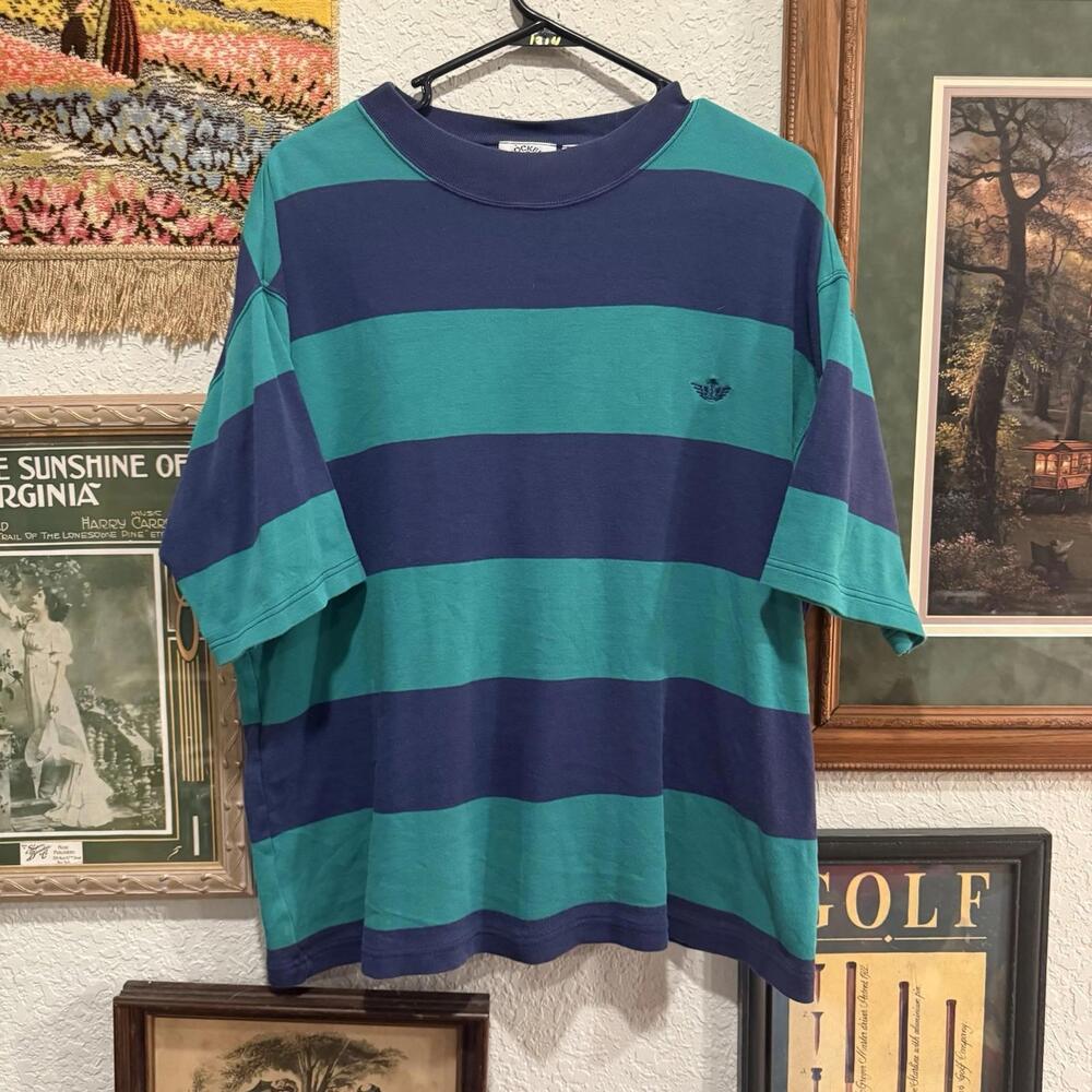 Vintage Dockers T Shirt Adult Medium Blue Striped Sailing Boating 90s Logo Patch